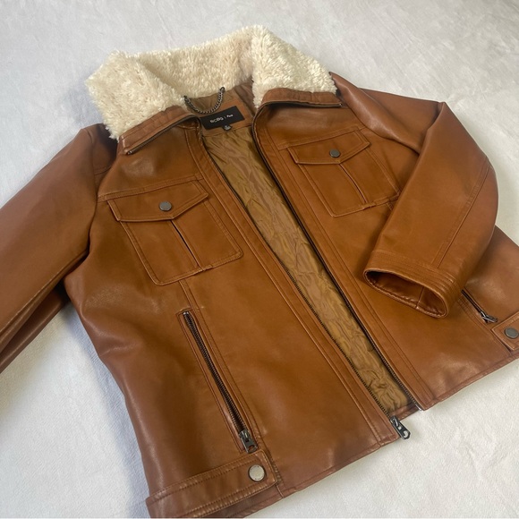 NEW 1X Brown Leather Jacket with White Fur, Button up with zipper and Collar - Picture 5 of 10